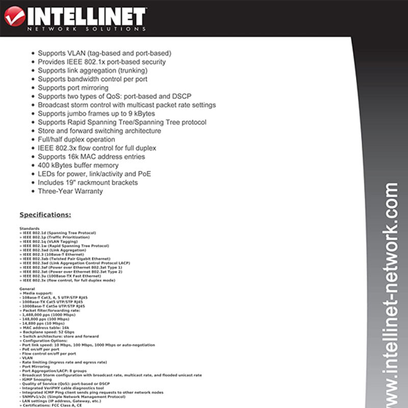 Switch Intellinet Web-Managed Peo 24-Port Gigabit 10/100/1000 +2 SFP Noir