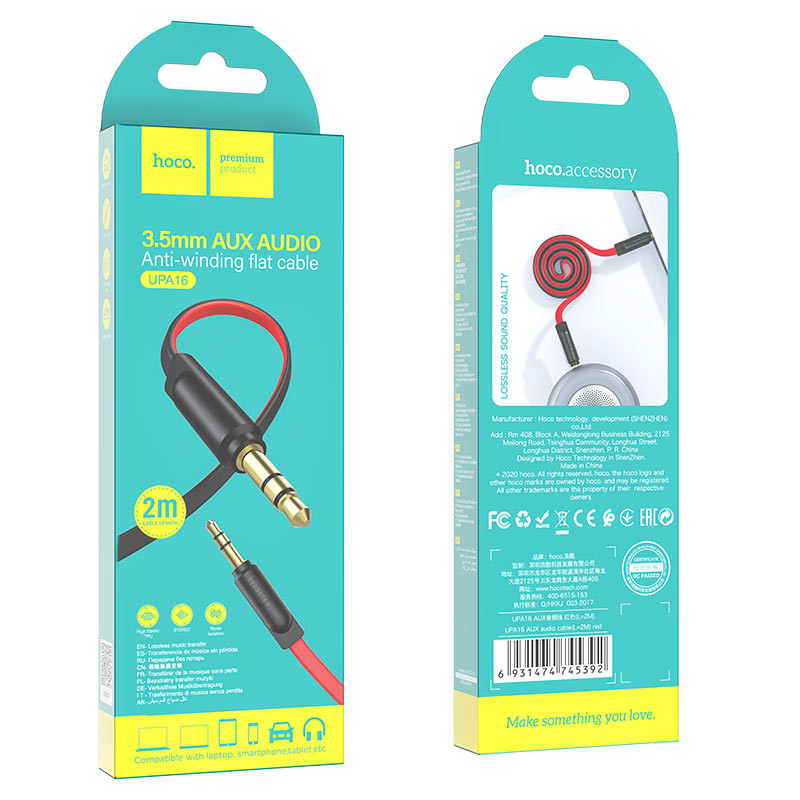 Câble AUX Audio Hoco UPA16 Jack 3,5 mm vers Jack 3,5 mm - Rouge