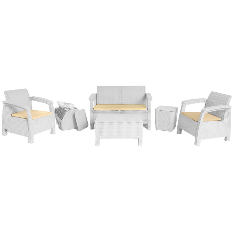 Salon de Jardin CARTHAGE 4 Places Blanc avec Coussins