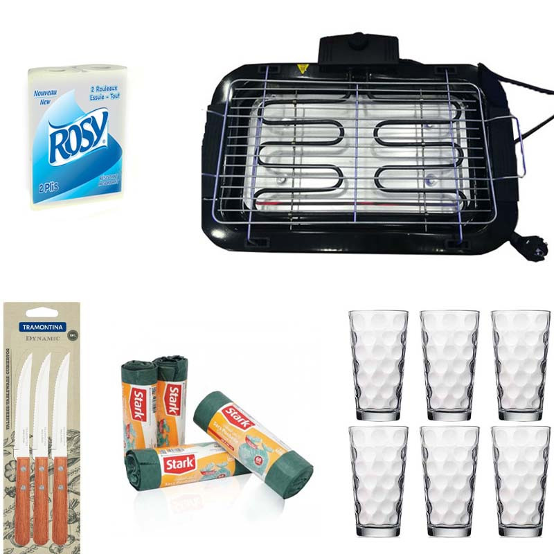 Pack Aid :  Mini Barbecue+ Coffret De 6 Tasses+ Set De 3 Couteaux+ Pack De10 Sacs Poubelle+ Essuie-Tout