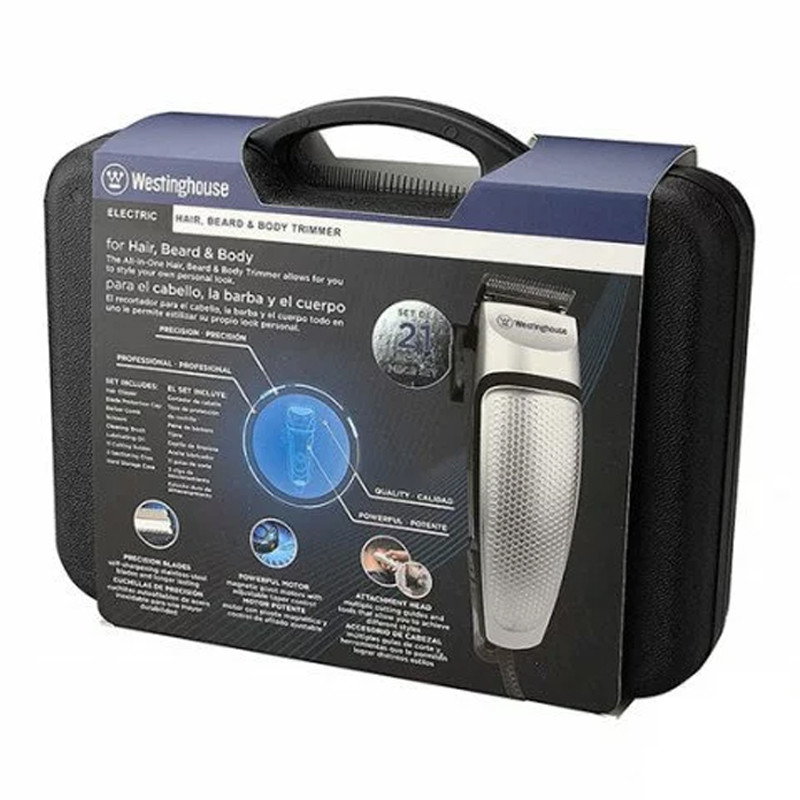 Coffret Tondeuse pour Barbe Corps Et Cheveux de la marque  Westinghouse WH1143 contient 21 pièces  couleur Silver