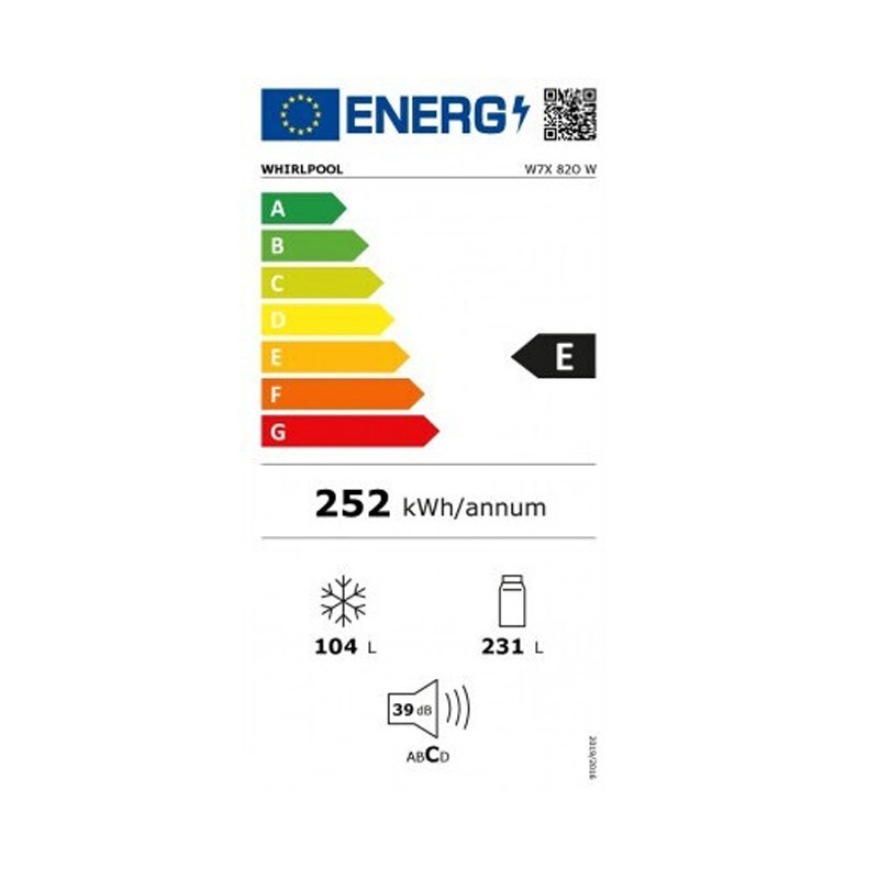 Réfrigérateur Combiné de la marque Whirlpool W7X82OW 6é Sens et de capacité 360 Litres, Couleur Blanc