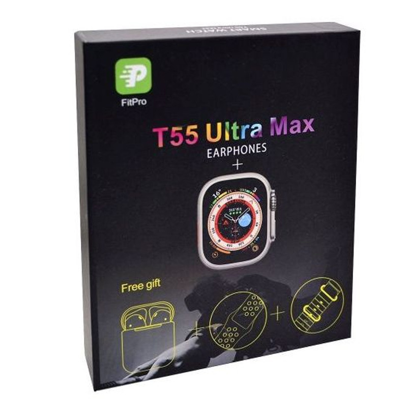 Pack Montre Connectée T55 Ultra Pro Max + 2 Ceintures + Earbuds  - Noir