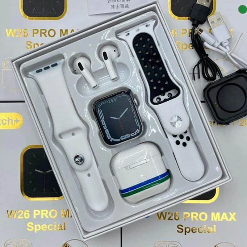 Montre Connectée W26 Pro Max Série 8 + Airpods + 2 Ceintures - Blanc
