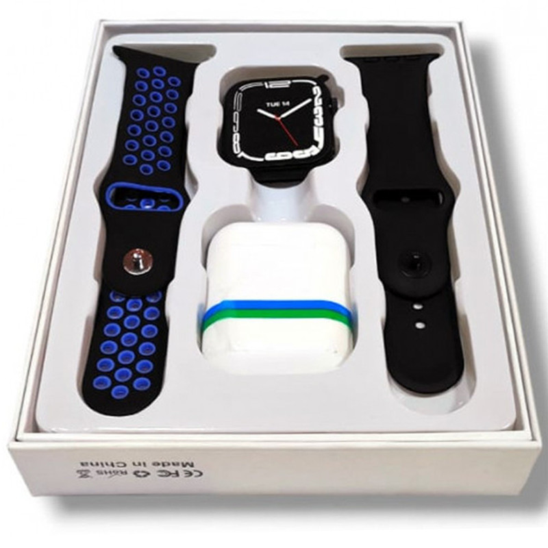 Montre Connectée W26 Pro Max Série 8 + 2 Ceintures + Earbuds Noir et Bleu