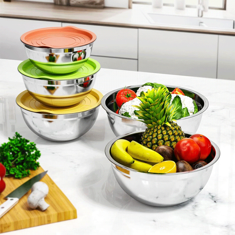 Set De 5 Bols Inox Avec Couvercles Silicone - Saladiers Ronds Empilables Pour Cuisine