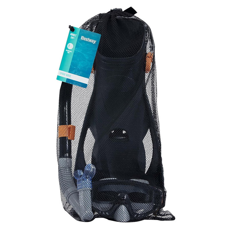 JELEX Kit Plongée Avec Tuba 4 Pièces - Masque, Tuba, Palmes 44-48 Noir + Filet, Verre Trempé Anti-buée, Pour Adulte Ado