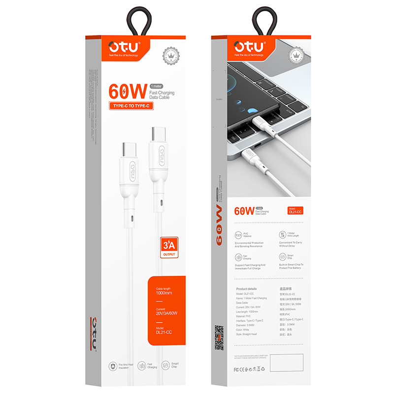 Câble Chargeur OTU DL21 Type-C Vers Type-C Blanc en Tunisie