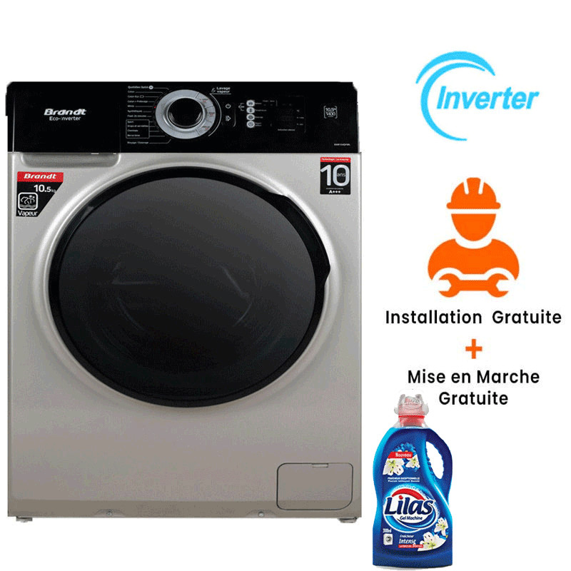 Machine à Laver Frontale Brandt BAM104QVSBL 10.5 Kg - Silver Machine à Laver Frontale Brandt BAM104QVSBL 10.5 Kg - Silver