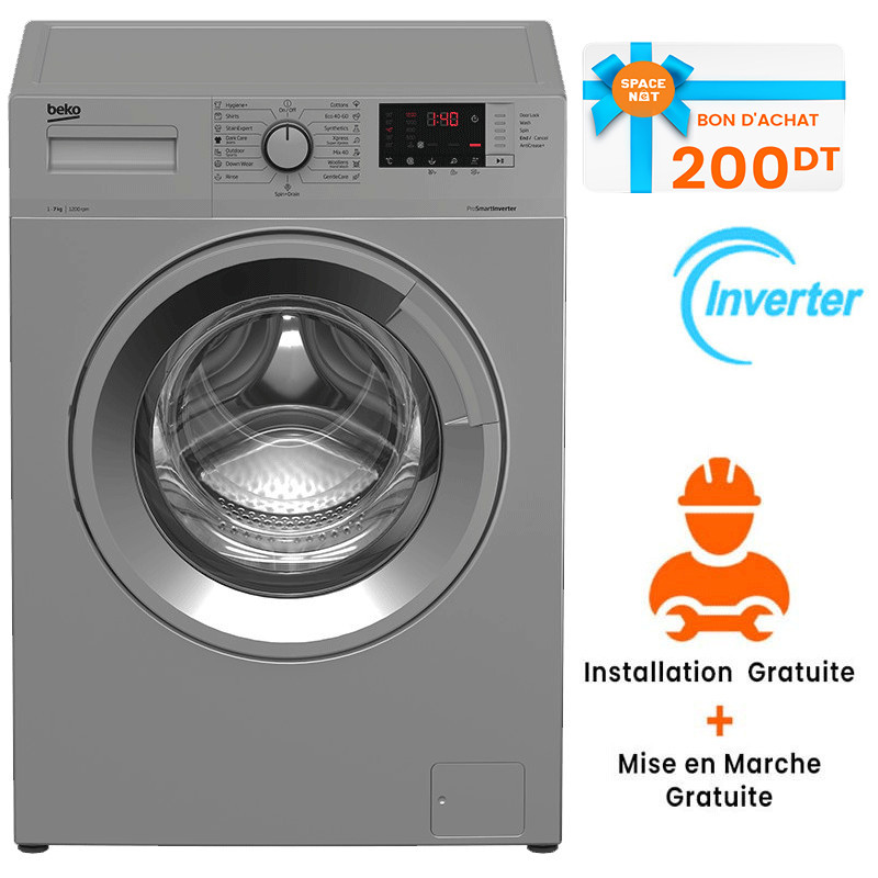 Machine à Laver Frontale Beko WUE7612XSS 7Kg Inverter Silver EN Tunisie