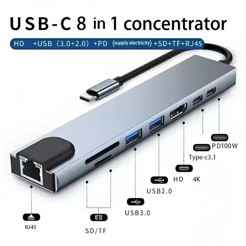 Adaptateur 8En1 USB-C Pour Ordinateur Portable Gris en Tunisie