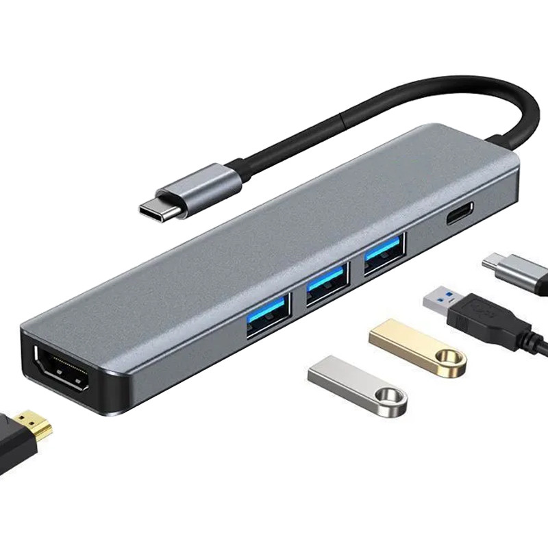 Adaptateur 5en1 Type C Vers HDMI, USB Et Type-C Gris en Tunisie