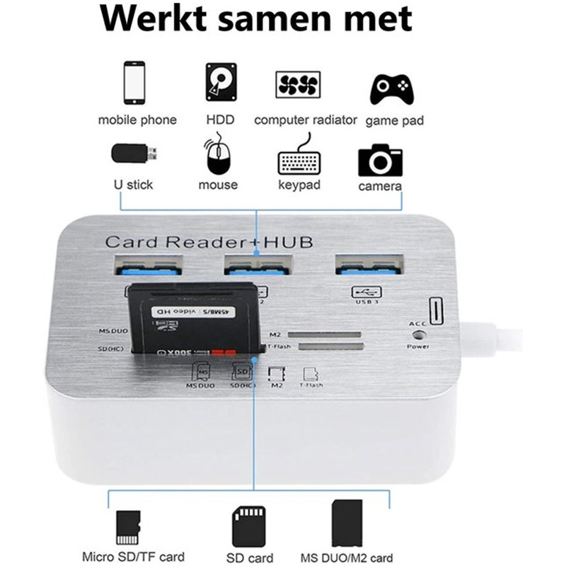 Hub USB 3 Ports + Lecteur de cartes Argent en Tunisie