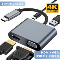 Adaptateur 4en1 Type-C Vers HDMI/VGA/Type-C/USB Noir en Tunisie