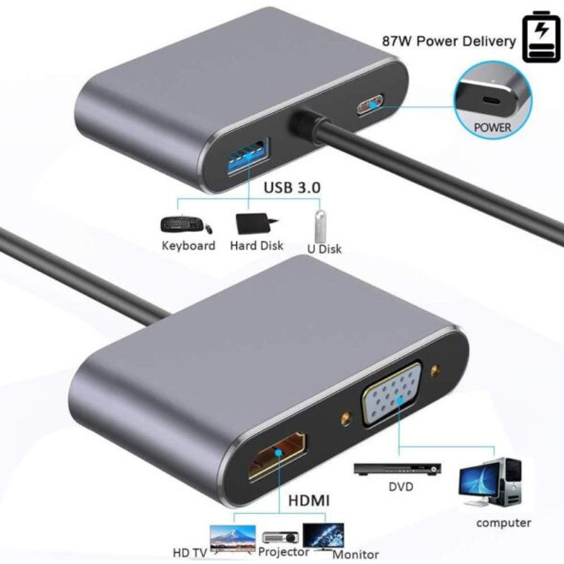Adaptateur 4en1 Type-C Vers HDMI VGA Type-C USB Gris