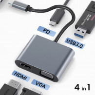 Adaptateur 4en1 Type-C Vers HDMI/VGA/Type-C/USB Noir en Tunisie