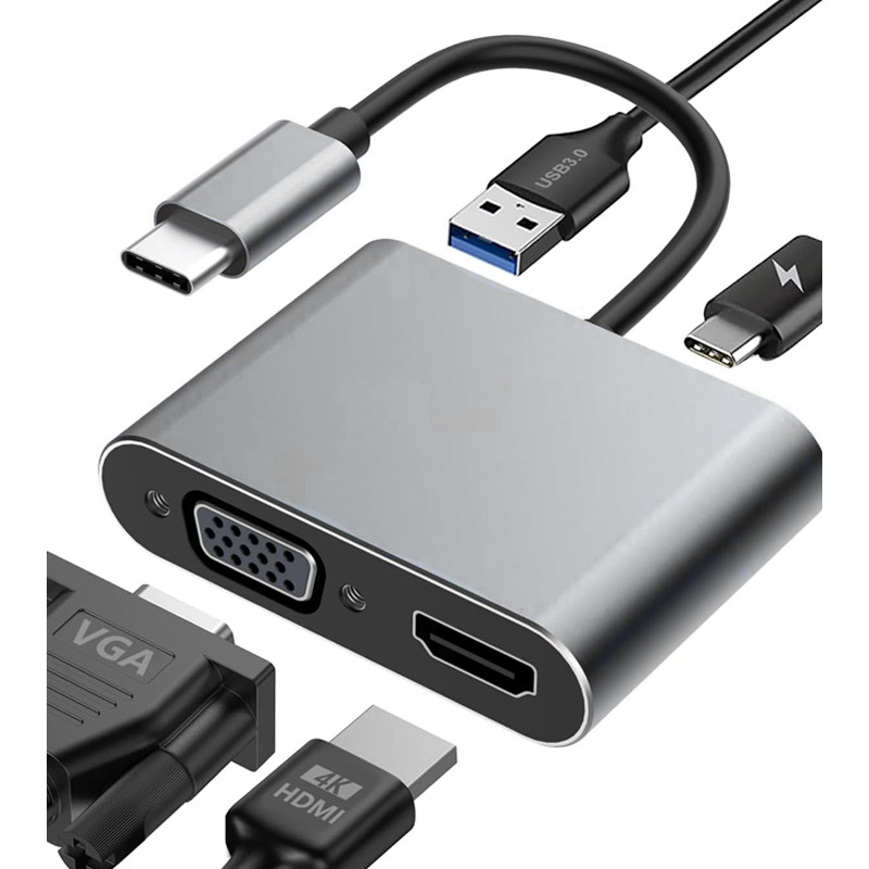 Adaptateur 4en1 Type-C Vers HDMI/VGA/Type-C/USB Noir en Tunisie