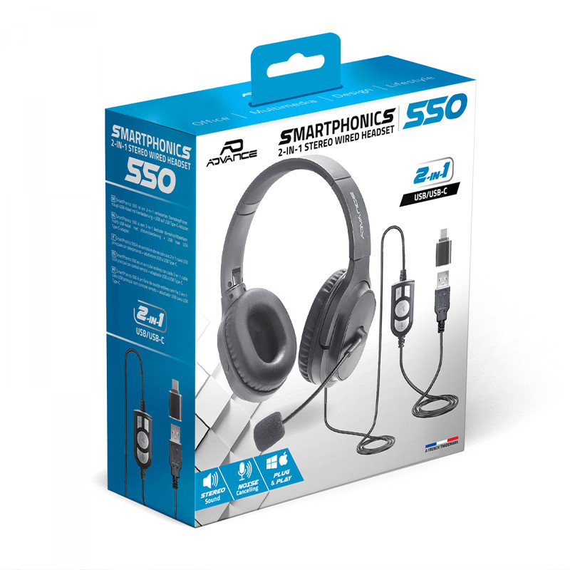 Micro Casque Filaire Advance Smartphonics 550 stéréo 2en1 Noir En Tunisie