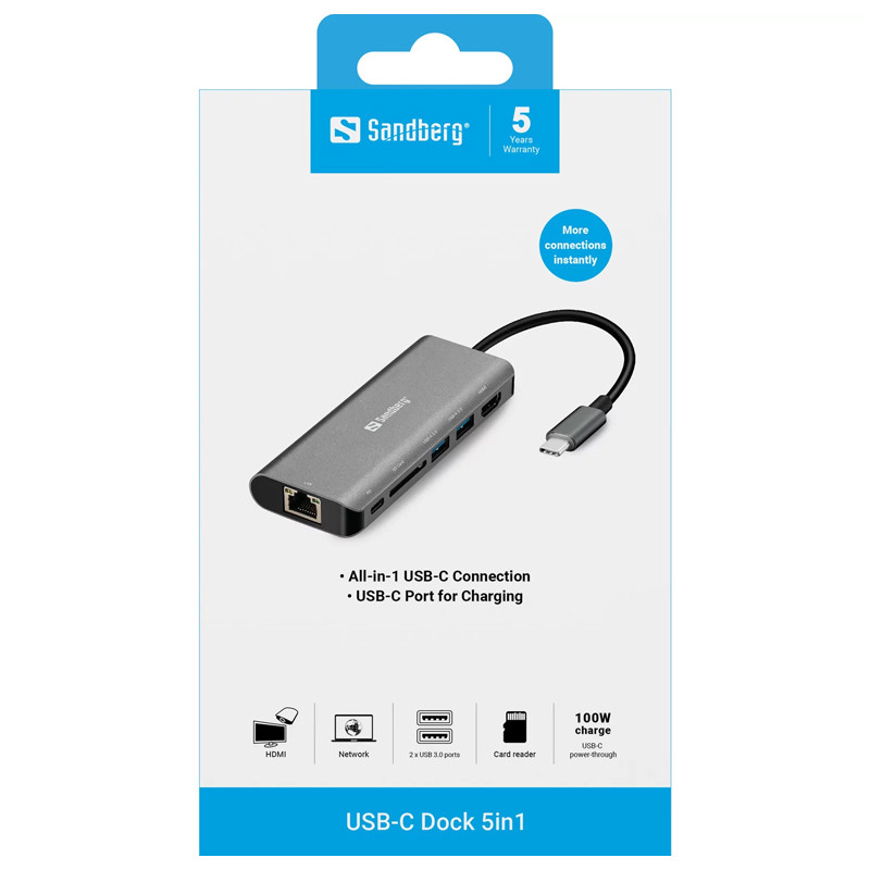 Station d'Accueil Sandberg 136-18 USB-C Gris en Tunisie