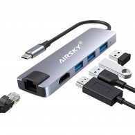 Adaptateur Airsky 5En1 Type-C Vers HDMI + USB-A + RJ45 4K Gris