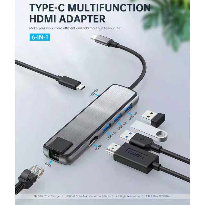 Adaptateur Airsky 6En1 Type-C Vers HDMI + USB + USB-C + RJ45 Gris En Tunisie