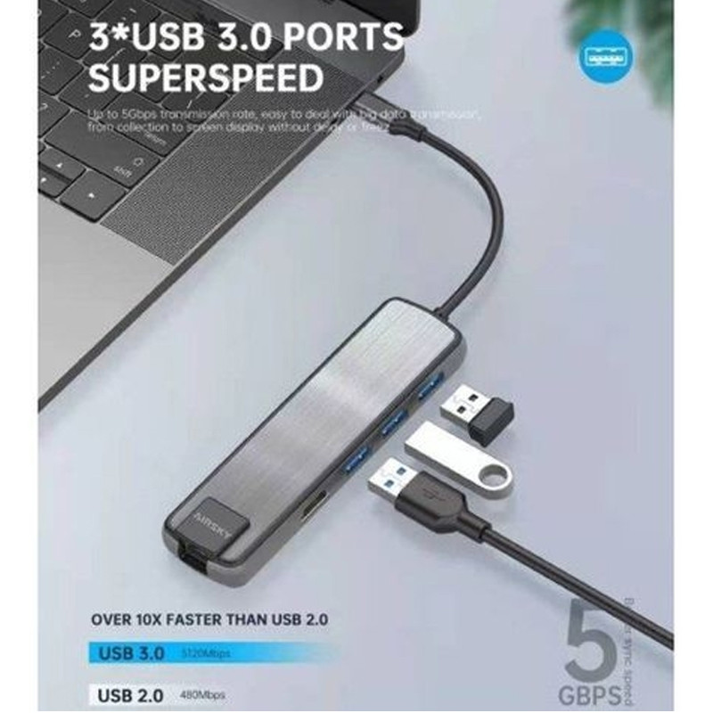 Adaptateur Airsky 6En1 Type-C Vers HDMI + USB + USB-C + RJ45 Gris En Tunisie