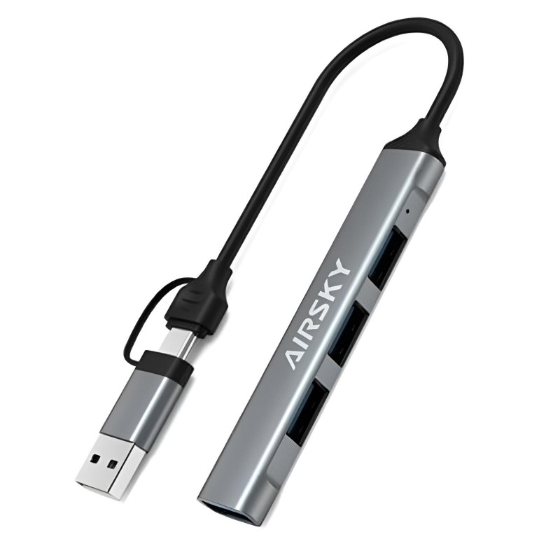 Hub USB Airsky 4EN1 4 Ports USB/USB-C Vers USB-A Gris en Tunisie Hub USB Airsky 4EN1 4 Ports USB/USB-C Vers USB-A Gris en Tunisie