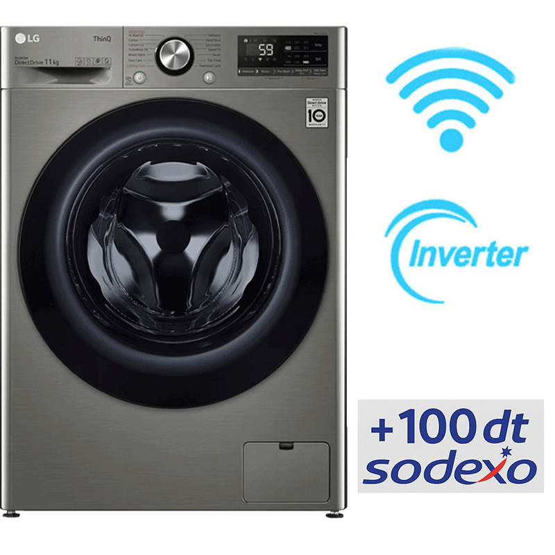 Machine à Laver Frontale LG F4Y5EYGYPV Smart Inverter 11Kg Silver en Tunisie