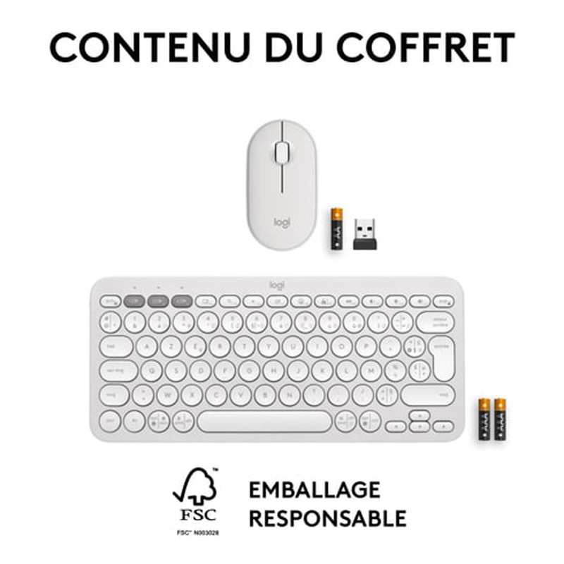 Pack Clavier et Souris Sans Fil Logitech Pebble 2 Combo Blanc en Tunisie