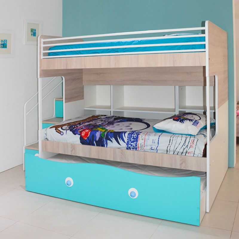 Lit Twin Avec Caisson Mobile Chene Brut Turquoise Stratifie