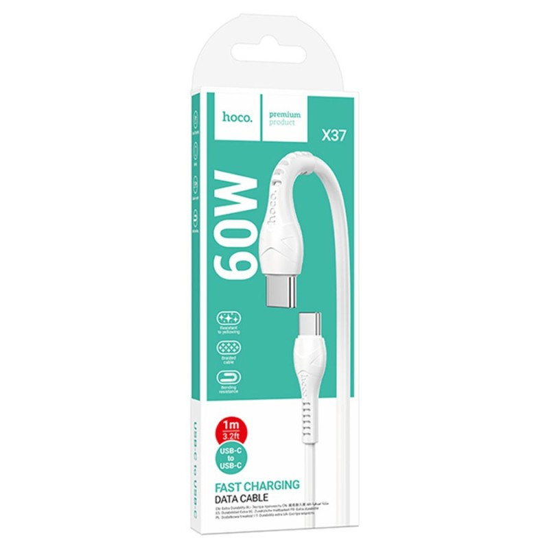 Câble Chargeur Hoco X37 Type-C Vers Type-C 60W Blanc En Tunisie