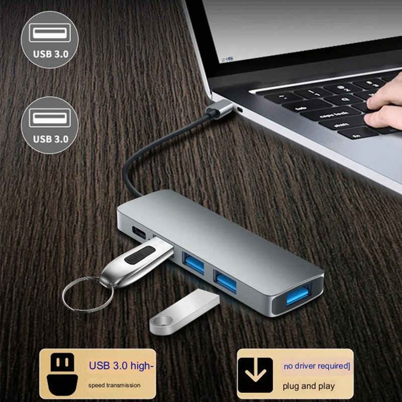 Adaptateur Airsky 5En1 Type-C Vers USB-A + USB-C Gris en Tunisie