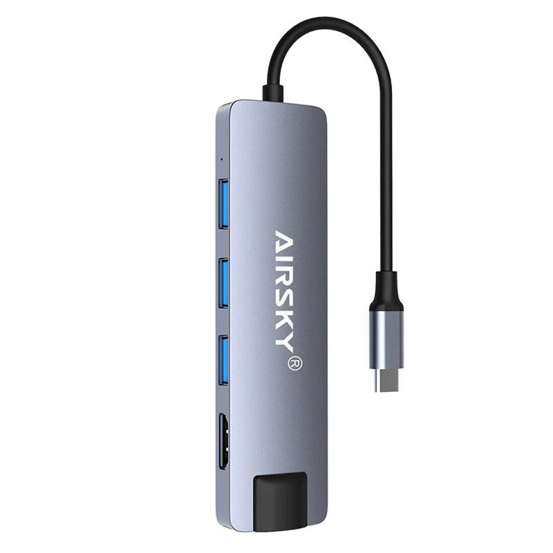 Adaptateur Airsky 5En1 Type-C Vers HDMI + USB-A + RJ45 4K Gris en Tunisie