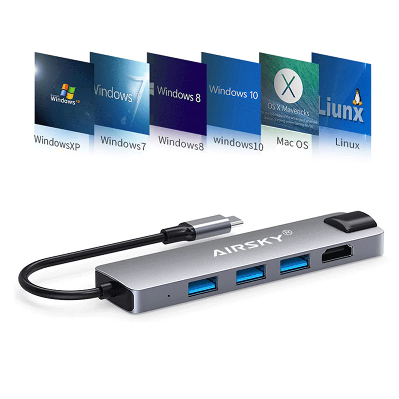 Adaptateur Airsky 5En1 Type-C Vers HDMI + USB-A + RJ45 4K Gris en Tunisie
