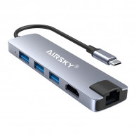 Adaptateur Airsky 5En1 Type-C Vers HDMI + USB-A + RJ45 4K Gris en Tunisie