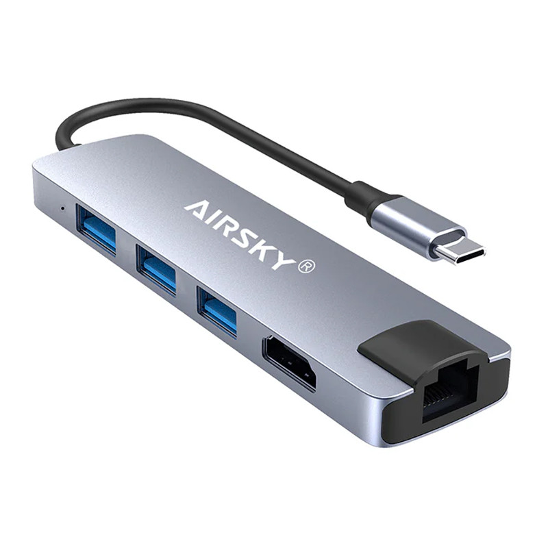 Adaptateur Airsky 5En1 Type-C Vers HDMI + USB-A + RJ45 4K Gris en Tunisie