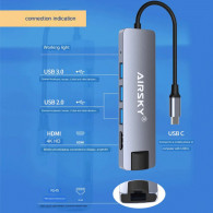 Adaptateur Airsky 5En1 Type-C Vers HDMI + USB-A + RJ45 4K Gris en Tunisie