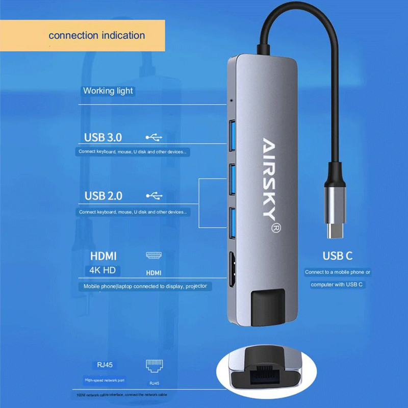 Adaptateur Airsky 5En1 Type-C Vers HDMI + USB-A + RJ45 4K Gris en Tunisie