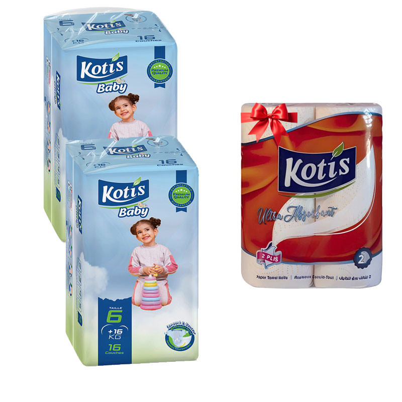 Couches Bébé Kotis Premium T6 16 Pièces Xlarge Eco en Tunisie