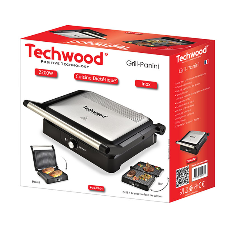 Appareil à Panini Et Grill Techwood TGD-2201 2200W Inox en Tunisie