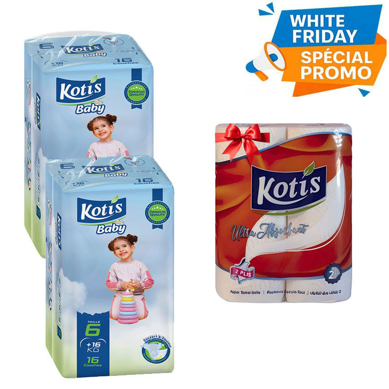 Couches Bébé Kotis Premium T6 16 Pièces Xlarge Eco en Tunisie