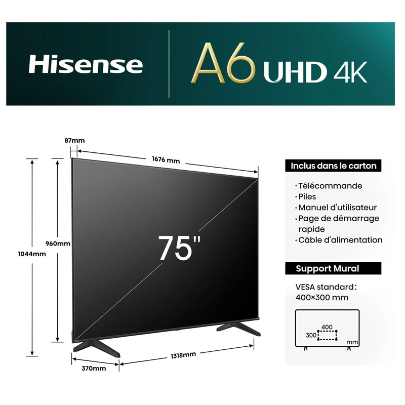 TV Hisense 75" A6N 4K UHD Smart Tv Noir en Tunisie