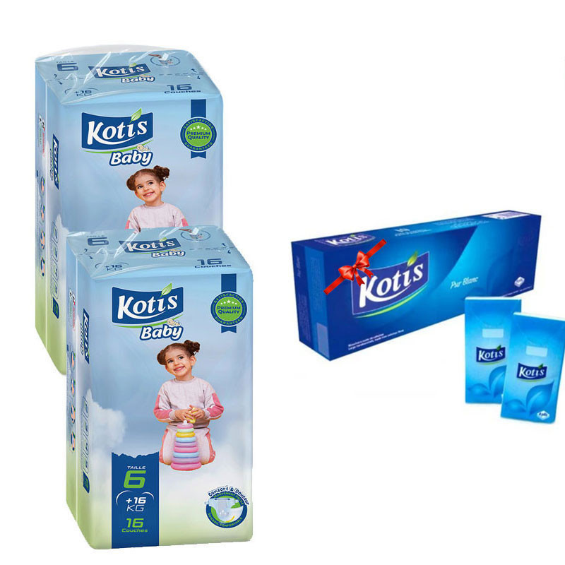 Couches Bébé Kotis Premium T6 16 Pièces Xlarge Eco en Tunisie