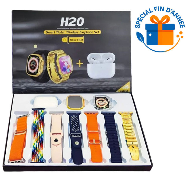 Coffret Montre Connectée H20 + 7 Bracelets + Airpods Gold en Tunisie