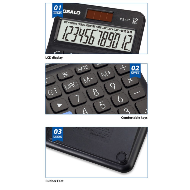 Calculatrice Osalo OS-12T Double Alimentation Solaire Noir en Tunisie