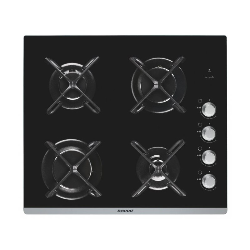 Plaque 60 cm 4 foyers gaz dessus verre grilles fonte , thermocouple Brandt - Noir Plaque 60 cm 4 foyers gaz dessus verre grilles fonte , thermocouple Brandt - Noir