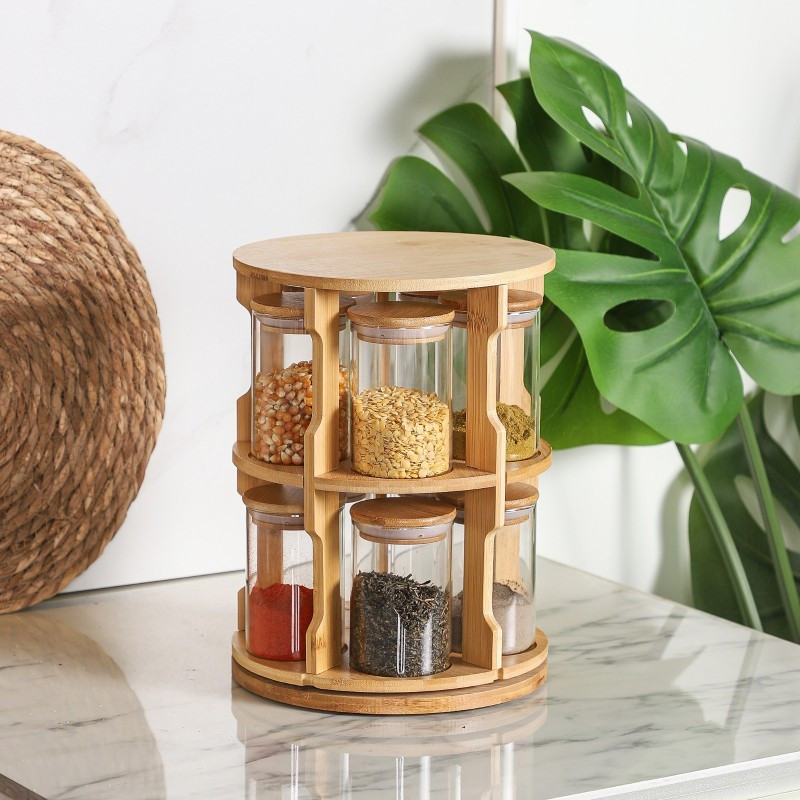 Set Portes Épices 10 Pièces En Verre avec Support Rotative En Bois En Tunisie