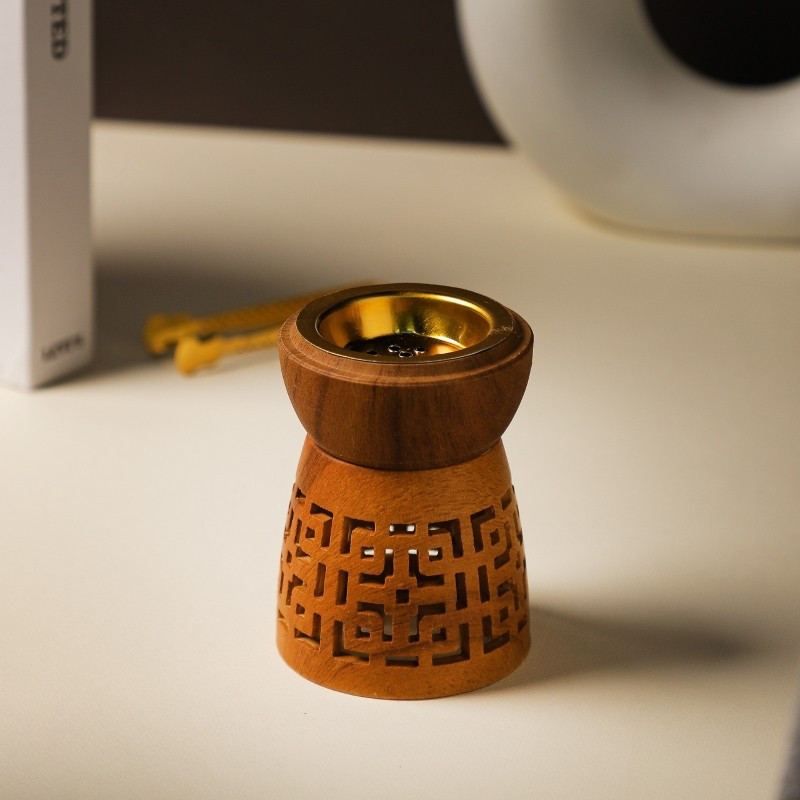 Encensoir en Bois avec Motifs Ajourés Marron & Doré en Tunisie
