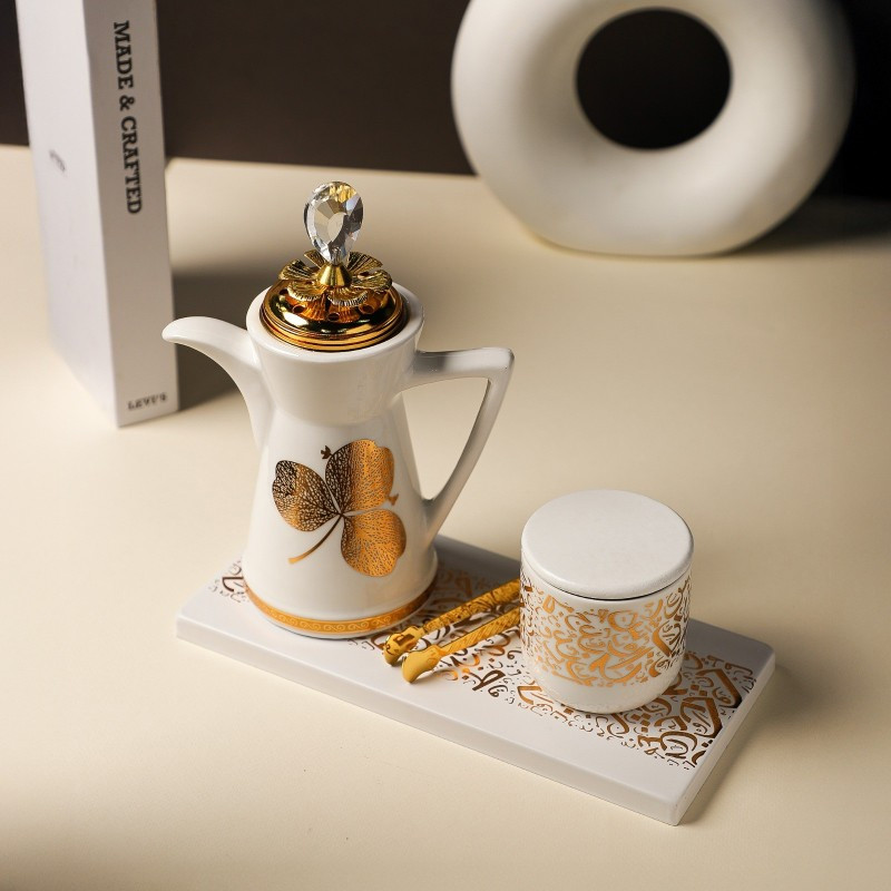 Encensoir en Céramique avec Accessoires Blanc & Doré