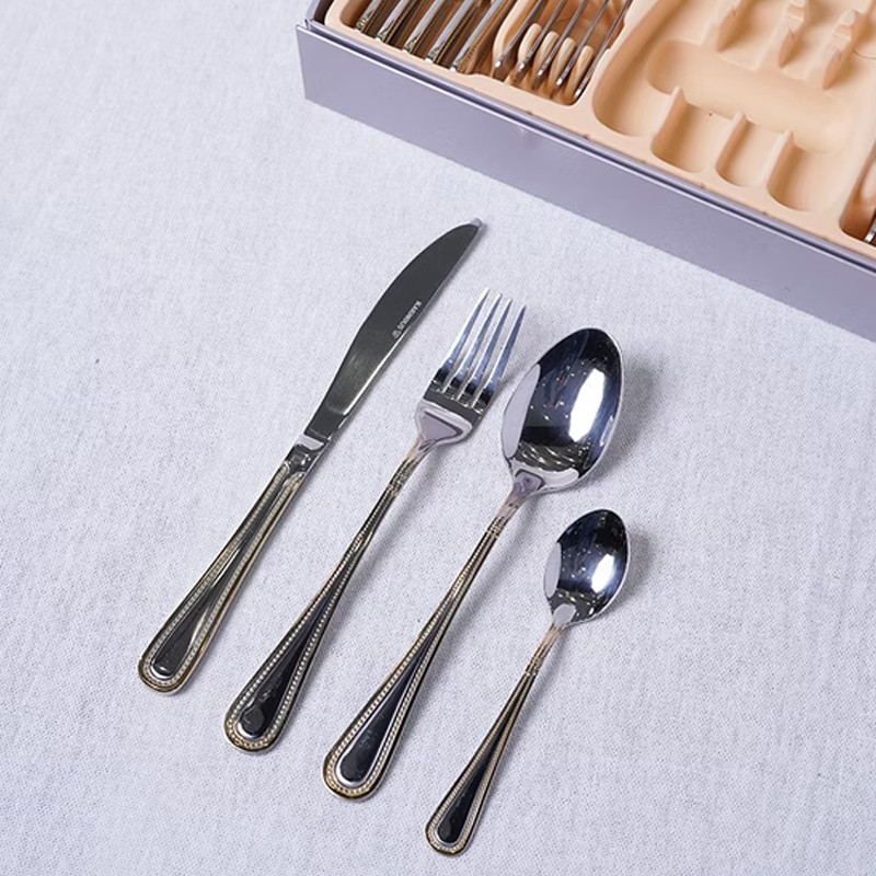 Coffret Ménagère Kakmous 24 Pièces à Bords Perlé Doré Inox en Tunisie